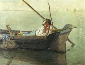 Fischerjunge In Einem Boot Mit Der Silhouette Von Venedig Im Hintergrund by Edmond Jean de Pury