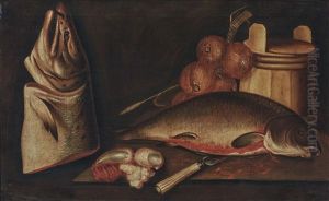 A Still Life With Fish And Onions by Pieter de Putter