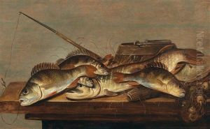 A Still Life With Fish And Fishing Utensils On A Table by Pieter de Putter