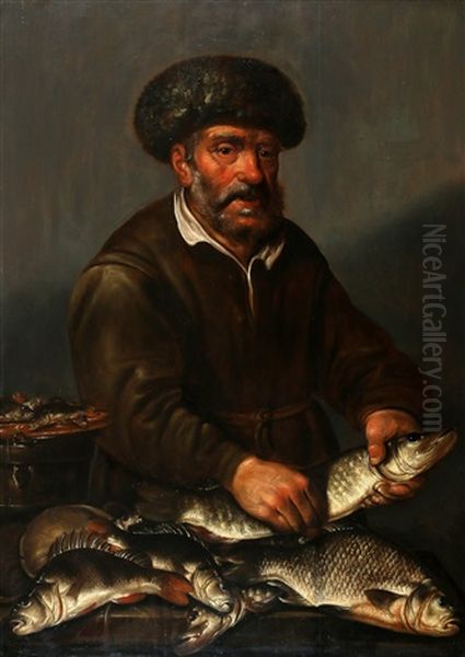 Visser Met Een Snoek In Zijn Handen En Met Brasem, Baars En Andere Zoetwatervissen Op Een Tafel En Vissersvrouw Met Snoek, Baars En Andere Zoetwatervissen Op Een Tafel (pair) - view 1