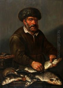 Visser Met Een Snoek In Zijn Handen En Met Brasem, Baars En Andere Zoetwatervissen Op Een Tafel En Vissersvrouw Met Snoek, Baars En Andere Zoetwatervissen Op Een Tafel (pair) by Pieter de Putter