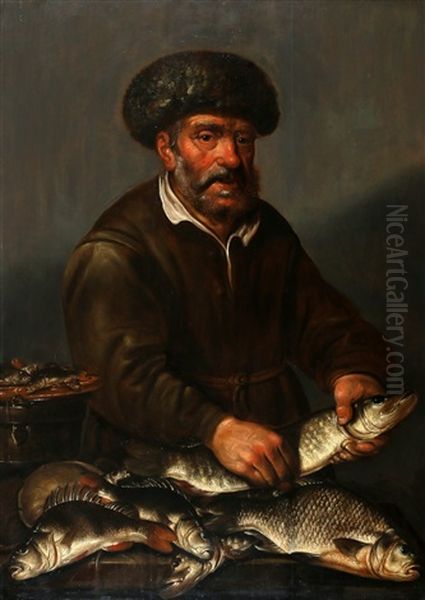 Visser Met Een Snoek In Zijn Handen En Met Brasem, Baars En Andere Zoetwatervissen Op Een Tafel (+ Vissersvrouw Met Snoek, Baars En Andere Zoetwatervissen Op Een Tafel; Pair) - view 1