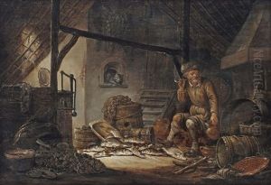 A Barn Interior With A Seated Fisherman Smoking And Drinking, Various Fish At His Feet by Pieter de Putter
