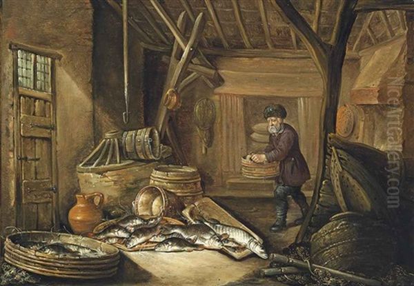 A Fishermen In His Cottage With His Catch Of Fish - view 1