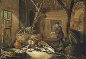 A Fishermen In His Cottage With His Catch Of Fish