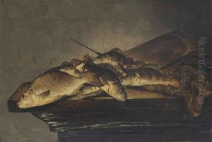 Fish, A Fishing Pole, A Fishing Basket And Nets On A Wooden Table by Pieter de Putter
