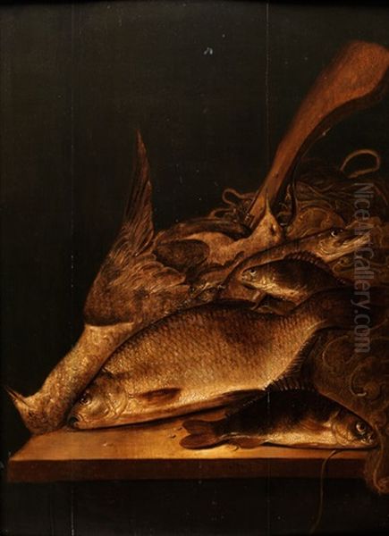 Grosses Fischstilleben Mit Jagdflinte Und Erlegtem Federvieh - view 1