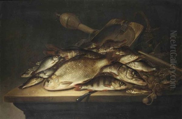 A Pike, A Carp, A Perch, And Various Other Fish, Nets And Other Fishing Equipment On A Table - view 1