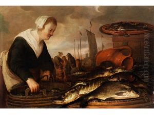 Fischersfrau Mit Grossem Fischbottich Und Ausgelegten Fischen Neben Tonkrug Und Fischkasten Fischersfrau Mit Grossem Fischbottich Und Ausgelegten Fischen Neben Tonkrug Und Fischkasten