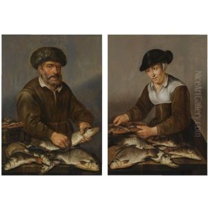 A Fisherman Holding A Pike, With Bream, Perch And Other Freshwater Fish On A Table (+ A Fisherwoman Smoking Fish, With A Pike, Bream And Other Freshwater Fish On A Table; 2 Works) by Pieter de Putter