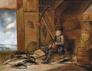 Ein Fischer Mit Einem Bierkrug In Seiner Hutte by Pieter de Putter
