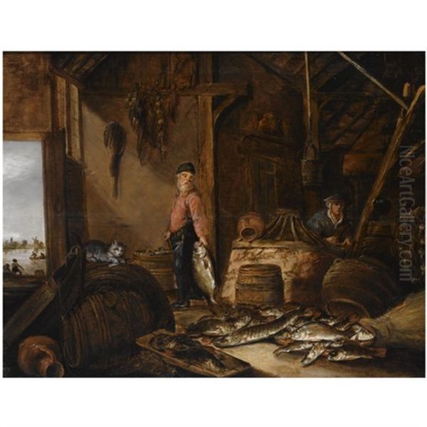A Fisherman In His Barn With Fresh-water Fish, A Woman In The Background, A Cat Playing With A Fish On A Barrel In The Foreground - view 1