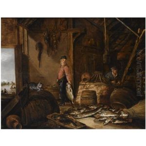 A Fisherman In His Barn With Fresh-water Fish, A Woman In The Background, A Cat Playing With A Fish On A Barrel In The Foreground