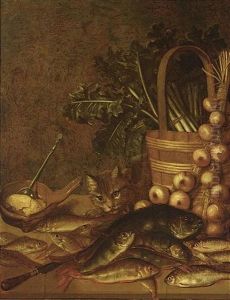 A Still Life With Fresh-water Fish, A Basket With Asparagus, Onions, Lettuce, A Knife And A Bowl With Butter And A Spoon, All On A Wooden Ledge Together With A Cat