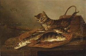 A Still Life With A Perch And A Pike On An Earthenware Dish, A Stick And A Wooden Bucket, Together With A Cat, All On A Wooden Table A Still Life With A Perch And A Pike On An Earthenware Dish, A Stick And A Wooden Bucket, Together With A Cat, All On A Wooden Table