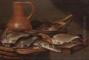 A Pike, Carp, And Other Fish On An Earthernware Plate With A Jug On A Table Top
