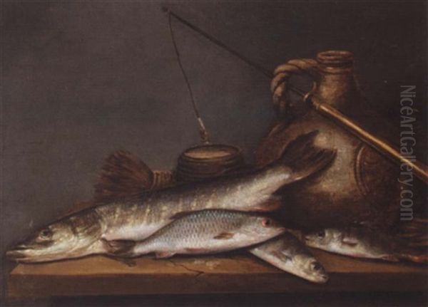 A Still Life With A Pike And A Perch Together With A Stoneware Jug And A Fishing Line On A Table - view 1