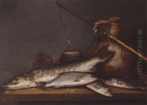 A Still Life With A Pike And A Perch Together With A Stoneware Jug And A Fishing Line On A Table