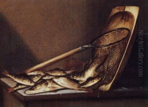 Pike, Rudd And Perch With A Scoop-net, An Eel-dish And A Bucket On A Stone Ledge by Pieter de Putter