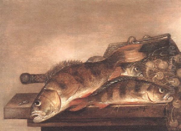 Still Life Of Sea Bream, A Fishing Basket And Nets On A Table - view 1