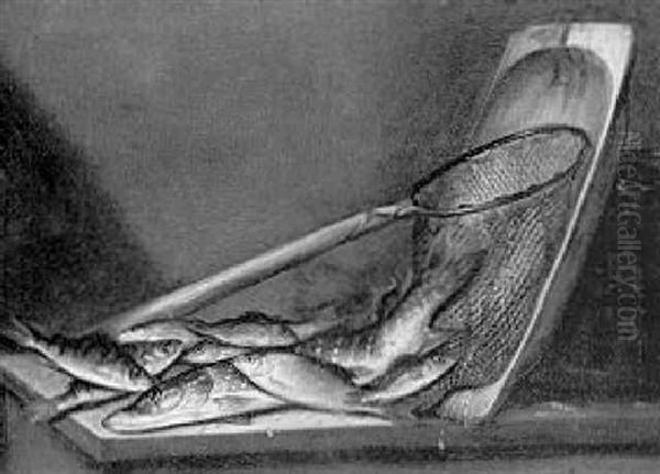 A Still Life Of Fresh-water Fish, A Net And A Wooden Tray On A Stone Ledge - view 1