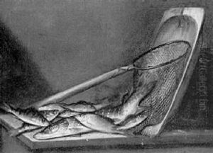 A Still Life Of Fresh-water Fish, A Net And A Wooden Tray On A Stone Ledge