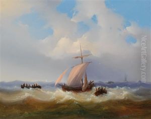 Sailing Ship In Stormy Seas by Josef Karl Berthold Puettner