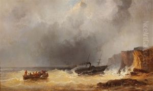 Steamship In Distress At Sea By A Rocky Coast by Josef Karl Berthold Puettner