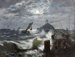 Nachtliche Hafenszene Bei Sturmischer See
