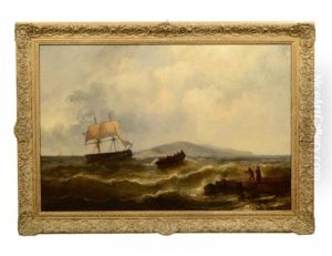 Coastal Marine Scene With Row Boat Crossing To A Masted Ship With Figures On The Shore