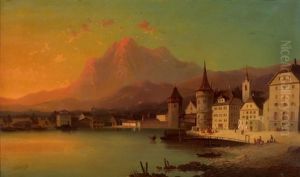 Ansicht Von Luzern Mit Hotel Schwanen Und Kapellbrucke by Josef Karl Berthold Puettner