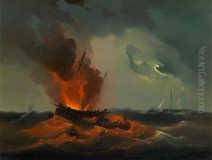 Feuer Auf Hoher See In Einer Mondnacht