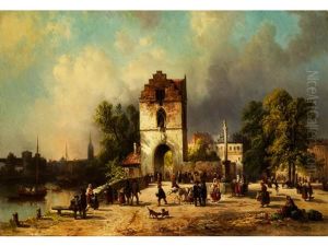 Stadtansicht Mit Gotischem Treppenturm, Saulenbrunnen Und Flanierenden Personen Auf Dem Vorplatz