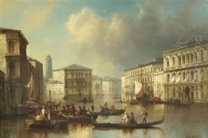 Blick Auf Den Canal Grande Mit Den Palazzi Grassi Und Moro Lin Auf Der Rechten, Sowie Den Palazzi Bon Rezzonico Und Balbi Auf Der Linken Seite by Josef Karl Berthold Puettner