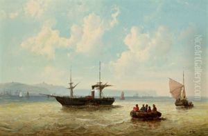 Raddampfer Und Segelschiff Vor Der Kuste Von Dover by Josef Karl Berthold Puettner