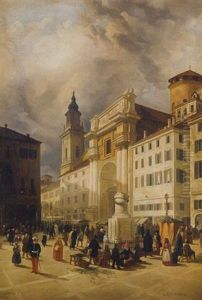 A Procession Through A Square, Parma by Josef Karl Berthold Puettner