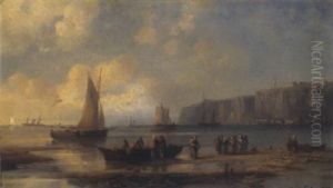 Fischerfamilie Mit Booten Vor Einer Steilkuste by Josef Karl Berthold Puettner