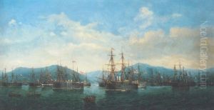 Fleets Of European Ironclads In A Mediterranean Harbour by Josef Karl Berthold Puettner