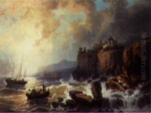 Fishing Boats Off A Rocky Coastline, A Hilltop Castle Beyond by Josef Karl Berthold Puettner