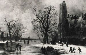 Winterlandschaft Mit Eislaufern In Holland by Josef Karl Berthold Puettner