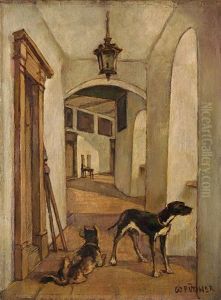 Jagdhunde In Einem Schlossgang by Walther Puttner