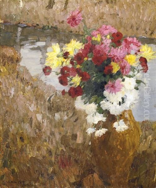 Still Life Of Mixed Flowers In A Vase On A Ledge - view 1