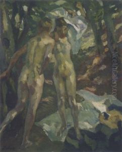 Zwei Weibliche Akte Im Wald by Leo Putz