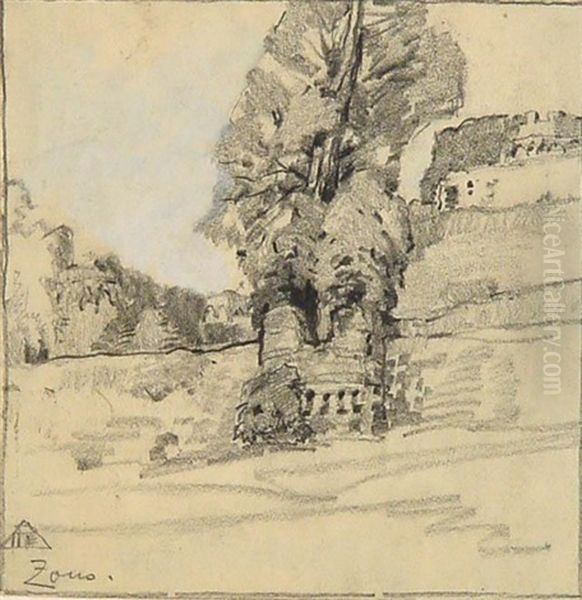 Der Krotschenturm In Zons Am Rhein (+ Study, Smaller, Pencil; 2 Works) - view 1