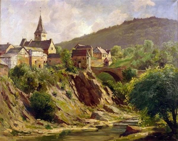 Schuld An Der Ahr. Blick Vom Gegenuber Liegenden Ufer Auf Den Pittoresken Ort Mit Pfarrkirche St. Gertrud Im Herzen Der Eifel - view 1