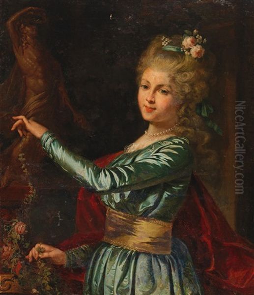 Portrait Of A Young Lady Decorated A Statue With Flowers - view 1
