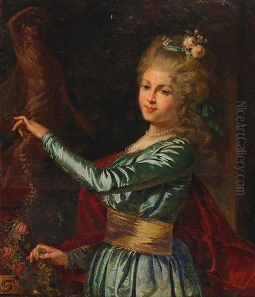Portrait Of A Young Lady Decorating A Statue With Flowers - view 1