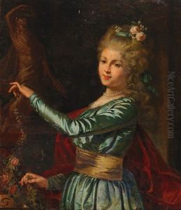 Portrait Of A Young Lady Decorating A Statue With Flowers by Louis Francois Gerard van der Puyl
