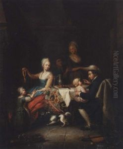 Interior With A Family At Supper by Louis Francois Gerard van der Puyl