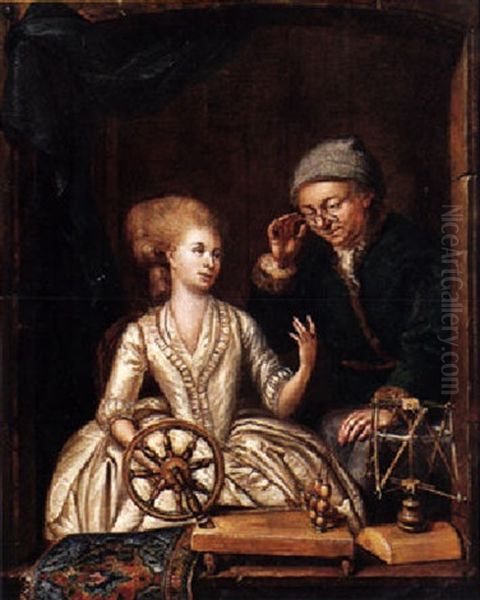 A Woman At A Window With A Spinning Wheel, Conversing With A Man - view 1
